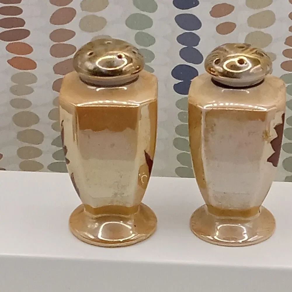 Japan Lusterware Tan TULIP Porcelain Vtg Salt Pepper Shakers 3 in Hand Painted